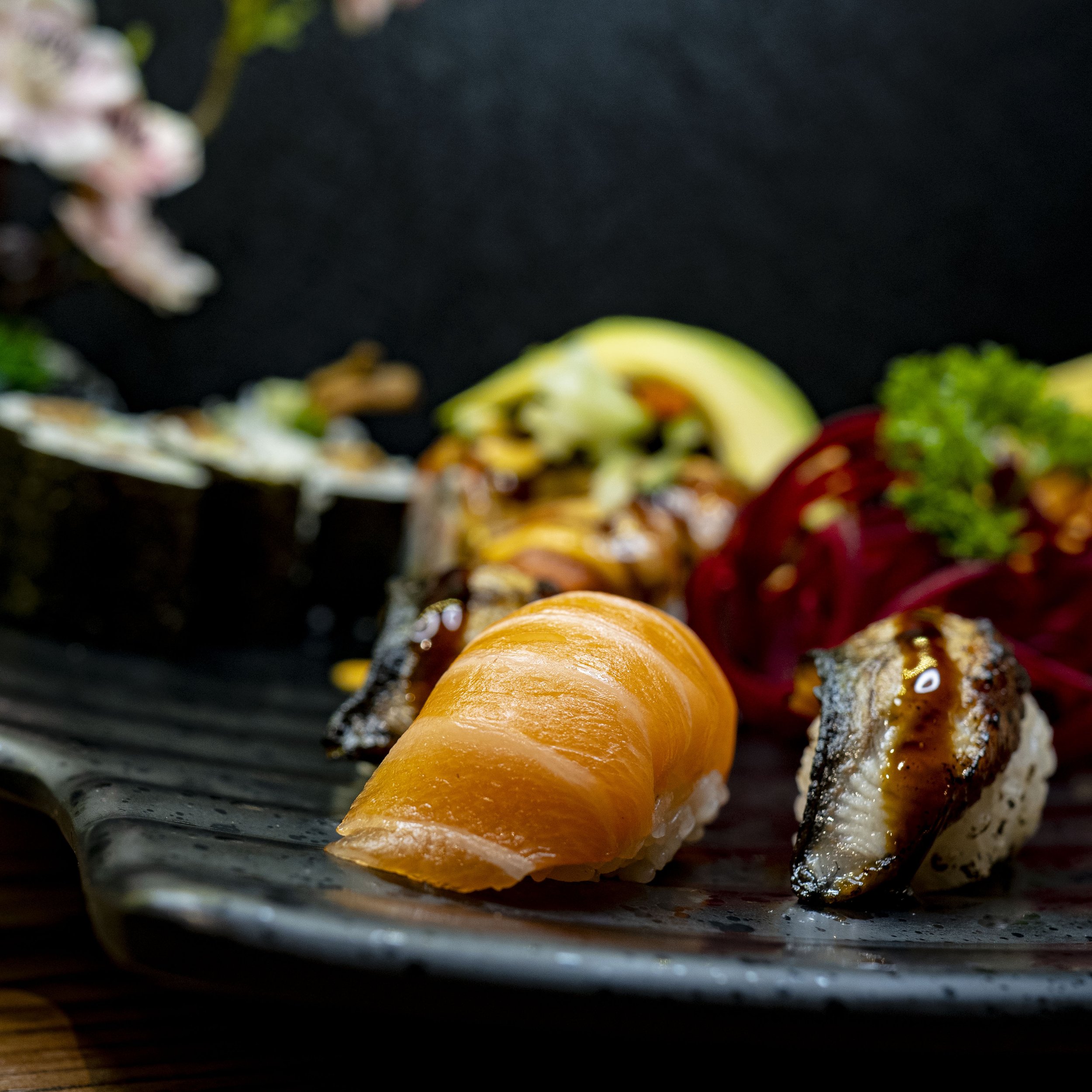 Salmon nigiri and assorted sushi prepared at Umai Sushi in Nanaimo